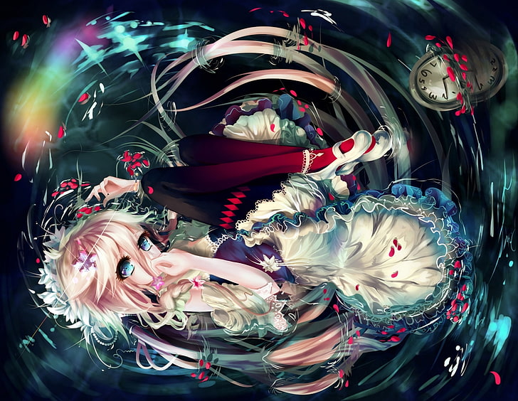 beige-haired female anime character wallpaper, water, girl, watch, anime, petals, art, vocaloid, Sygnallost, HD wallpaper