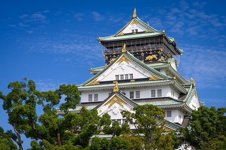 the sky, trees, castle, Japan, Osaka, Osaka Castle, Osaka-Jo, HD wallpaper