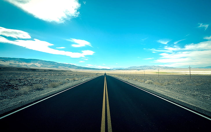 asphalt road, black concrete road at daytime, blue, road, desert, clouds, landscape, cyan, sky blue, sky, HD wallpaper
