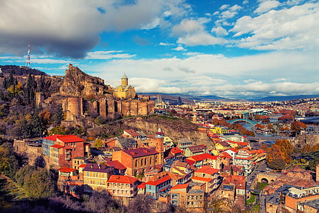 Miasta, Miasto, Budynek, Pejzaż miejski, Chmura, Gruzja, Dom, Panorama, Niebo, Tbilisi, Tapety HD HD wallpaper