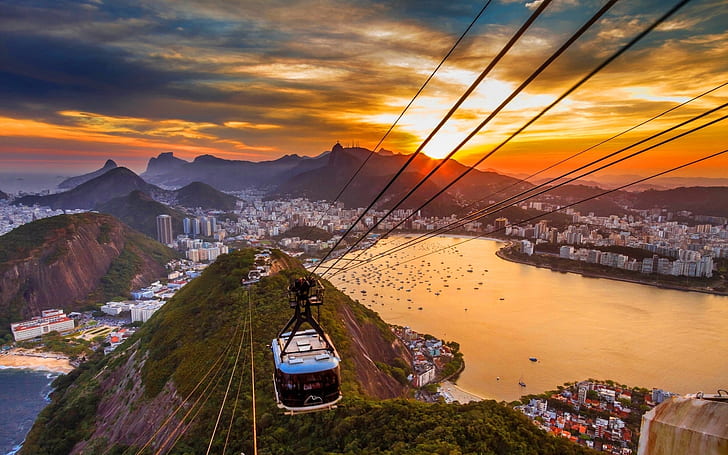 تلفريك ريو دي جانيرو غروب الشمس ، التلفريك الأسود والأزرق ، غروب الشمس ، جانيرو ، الكابل ، السفر والعالم، خلفية HD