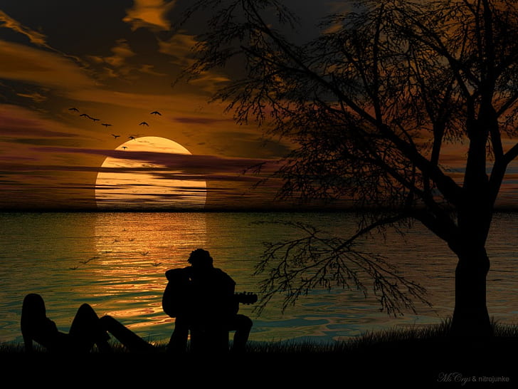 matahari terbenam pasangan gitar romantis 1024x768 Alam Matahari Terbenam HD Seni, matahari terbenam, Pasangan, Wallpaper HD