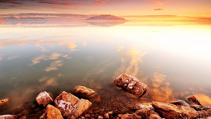 หินสีน้ำตาลธรรมชาติภูมิทัศน์ทะเลสาบ, วอลล์เปเปอร์ HD