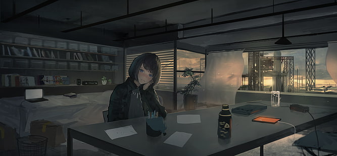 อะนิเมะ, สาวอะนิเมะ, มืด, ห้อง, นั่ง, ตกแต่งภายใน, วอลล์เปเปอร์ HD HD wallpaper