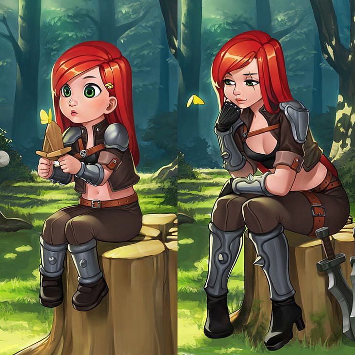 рыжеволосая женщина в коричневом топе и брюках игрового персонажа цифровые обои, Катарина, League of Legends, HD обои