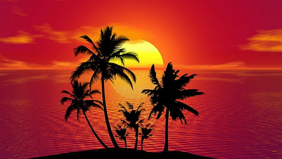 palms, silhouette, palm tree, sunset, red sky, red sunset, tropics, tropical sunset, tropical, tropical island, HD wallpaper HD wallpaper