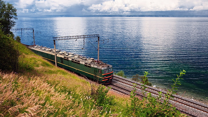 Байкал, езеро, железопътни линии, Русия, влакове, HD тапет