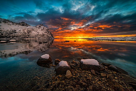 natura, fotografia, paesaggio, inverno, tramonto, costa, mare, montagne, neve, cielo, nuvole, luce del sole, Isole Lofoten, Norvegia, Sfondo HD HD wallpaper