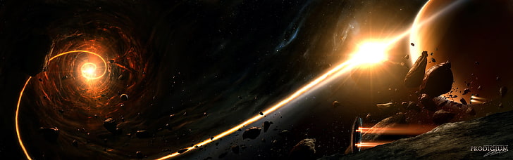 schwarze und gelbe kosmische Tapete, Raum, Planet, Asteroid, Raumschiff, Sterne, Nebel, Universum, Raumkunst, digitale Kunst, Science Fiction, HD-Hintergrundbild