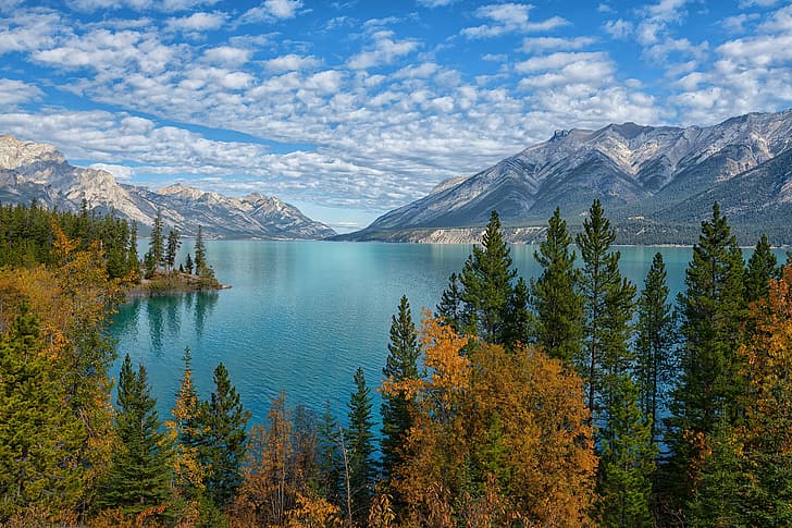 autumn, trees, mountains, lake, Canada, Albert, Alberta, Canadian Rockies, Lake Abraham, Озеро Эйбрахам, HD wallpaper