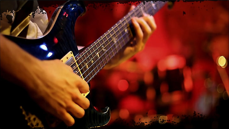 black electric guitar, man, game, hand, guitar, show, HD wallpaper