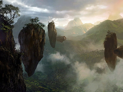 steniga berg på dagtid, flytande ö, berg, landskap, konstverk, Avatar, HD tapet HD wallpaper