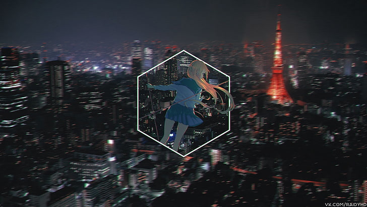 أنثى شخصية متحركة خلفية رقمية ، أنيمي ، فتيات أنيمي ، صورة داخل صورة ، ليل ، مدينة ، طوكيو، خلفية HD