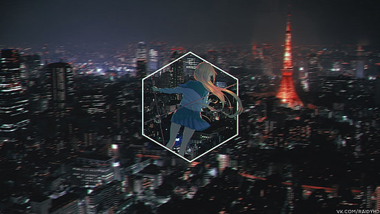 أنثى شخصية متحركة خلفية رقمية ، أنيمي ، فتيات أنيمي ، صورة داخل صورة ، ليل ، مدينة ، طوكيو، خلفية HD HD wallpaper