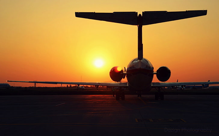 silhouette of airplane, sunset, sunlight, landscape, airplane, silhouette, aircraft, vehicle, HD wallpaper