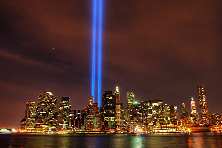 night, the city, memory, river, building, skyscrapers, lights, new York, Manhattan, USA, megapolis, floodlights, 11 Sep, WTC, HD wallpaper