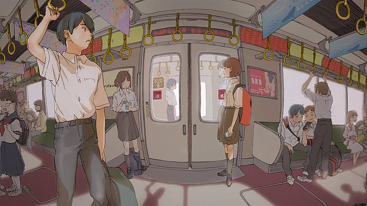 anime, manga, metro, kereta bawah tanah, gadis anime, anak laki-laki anime, Jepang, Wallpaper HD
