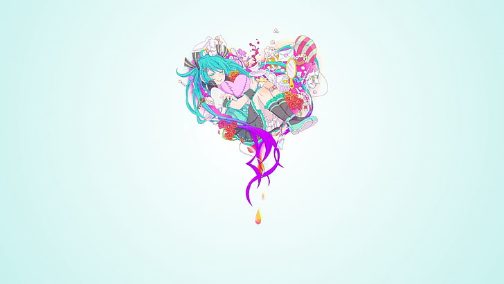 Ilustración de anime de mujer de pelo verde azulado, anime, niña, corazón, colorido, Fondo de pantalla HD