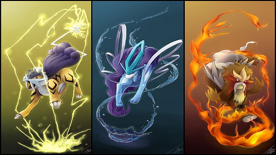 Ilustración de Pokemon Suicune, Entei y Raiku, Pokémon, Pokemon Crystal, videojuegos, collage, Fondo de pantalla HD HD wallpaper