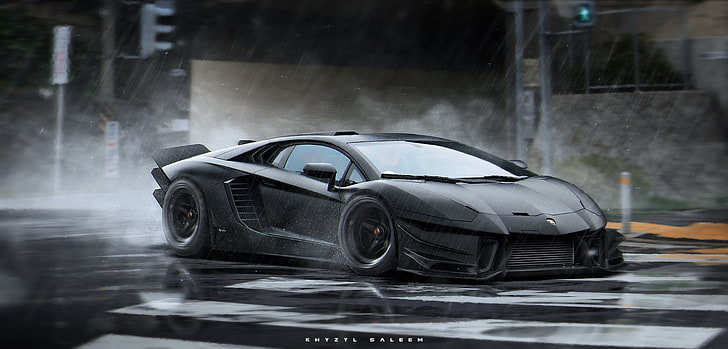 black sports car, Lamborghini, future, ART, Khyzyl Saleem, HD wallpaper