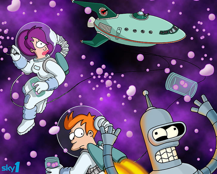 Futurama Purple Astronaut Bender Fry Leela HD, cartoon/comic, purple, futurama, astronaut, bender, fry, leela, HD wallpaper