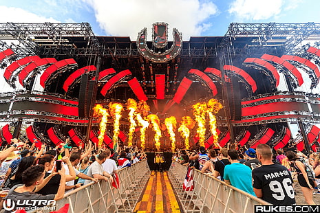 Ultra Music Festival, Rukes, stages, lights, photography, fire, crowds, music, HD wallpaper HD wallpaper
