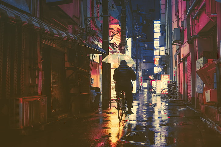 cityscape, wet street, Japan, wet, city lights, alleyway, HD wallpaper