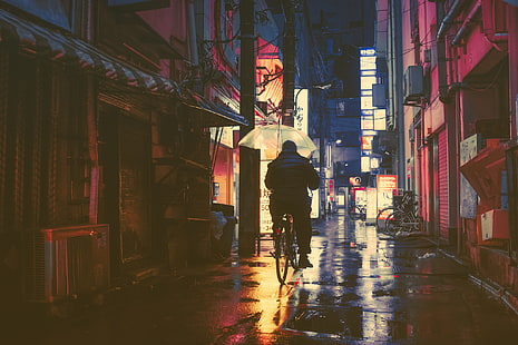 городской пейзаж, мокрая улица, Япония, мокрая, городские огни, переулок, HD обои HD wallpaper
