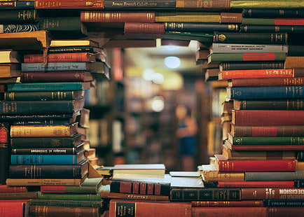 assorted-title book lot, stacked of assorted-title book forming round hole in the middle, books, library, bokeh, depth of field, HD wallpaper HD wallpaper