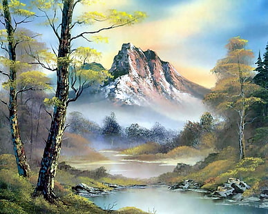 paesaggio montano dipinto, foresta, cielo, acqua, nuvole, alberi, paesaggio, montagne, natura, fiume, foto, pittura, betulla, Bob Ross, Sfondo HD HD wallpaper
