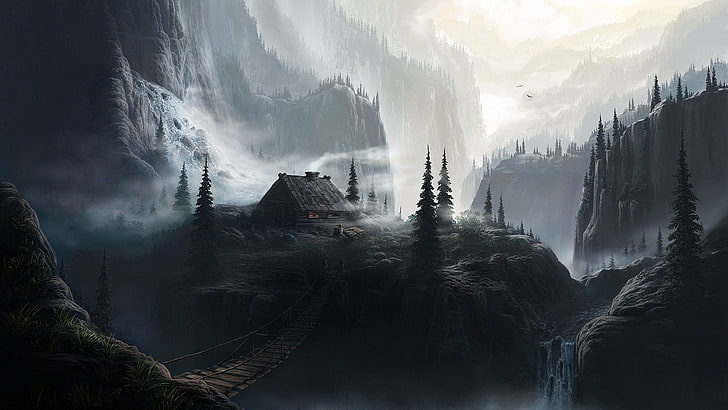 brown house and green trees graphic, black and gray mountain, nature, landscape, trees, digital art, fantasy art, mountains, bridge, house, mist, forest, pine trees, waterfall, wood, HD wallpaper