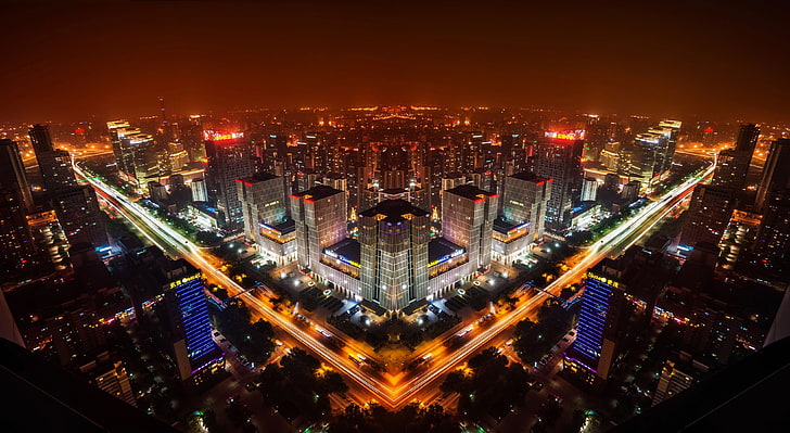 Luci notturne, Cina, Skyline, Pechino, 4K, Sfondo HD