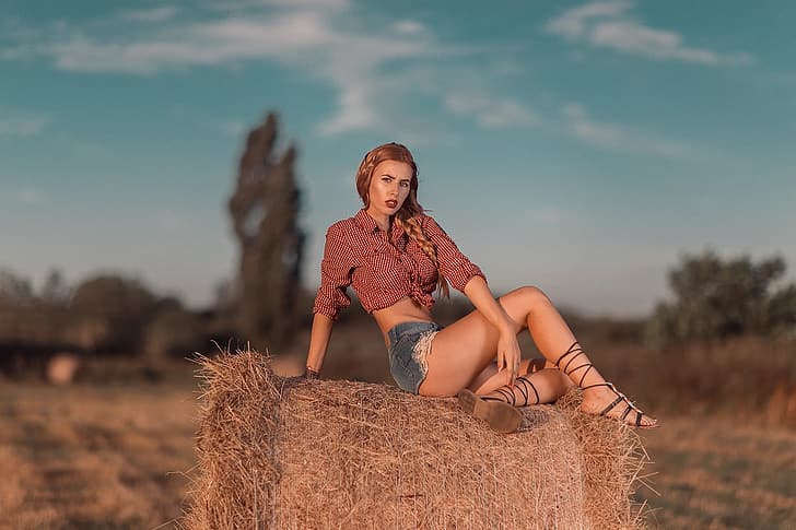 field, girl, shorts, hay, Andrea Carretta, HD wallpaper