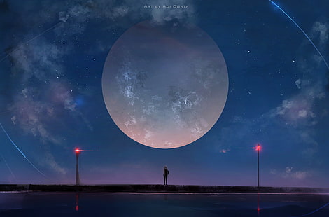 fullmåne digital tapet, Aoi Ogata, måne, digital konst, stjärnor, natt, stående, mörkret, animeflickor, twintails, DeviantArt, HD tapet HD wallpaper
