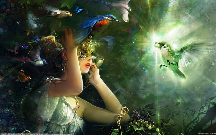 fairy and birds graphic, girl, light, Birds, mask, diamond, Bing Xiao, HD wallpaper