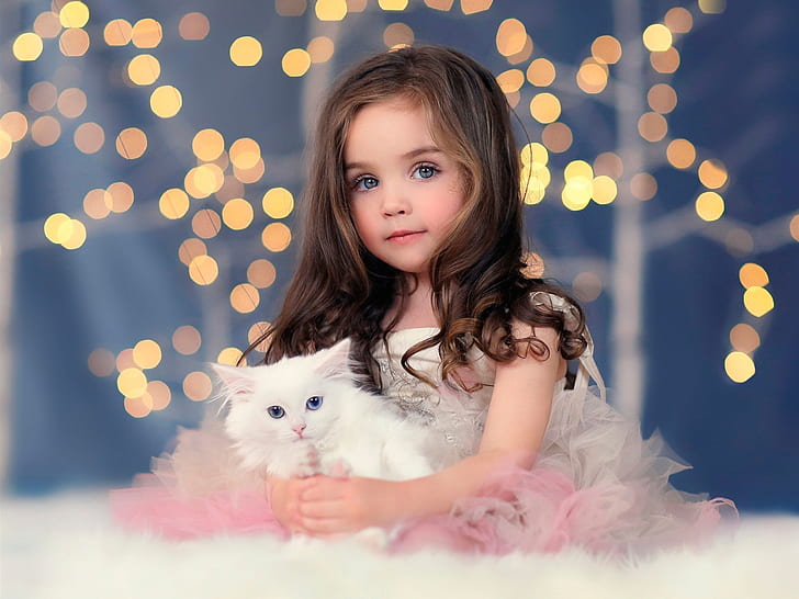 Sevimli kız, beyaz yavru kedi, ışıklar, bokeh, Sevimli, Kız, Beyaz, Yavru kedi, Işıklar, Bokeh, HD masaüstü duvar kağıdı