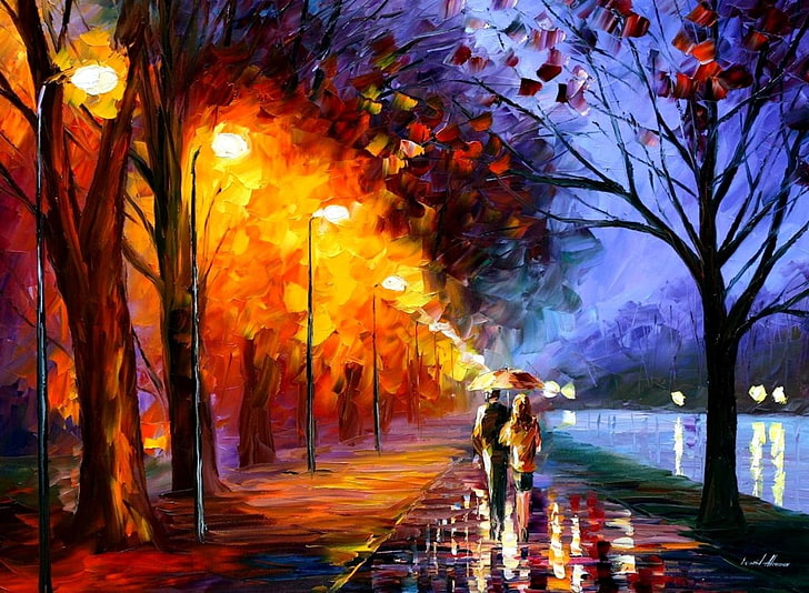 man and woman walking painting, Leonid Afremov, oil painting, painting, street light, couple, fall, HD wallpaper