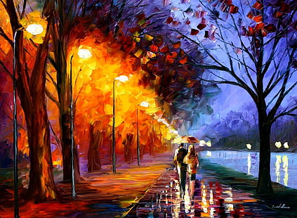 mężczyzna i kobieta chodzący obraz, Leonid Afremov, obraz olejny, malarstwo, latarnia uliczna, para, jesień, Tapety HD HD wallpaper