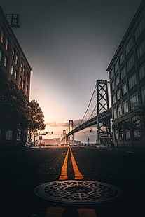 灰色のマンホール、道路、マーキング、橋、建物、サンフランシスコ、アメリカ合衆国、 HDデスクトップの壁紙 HD wallpaper