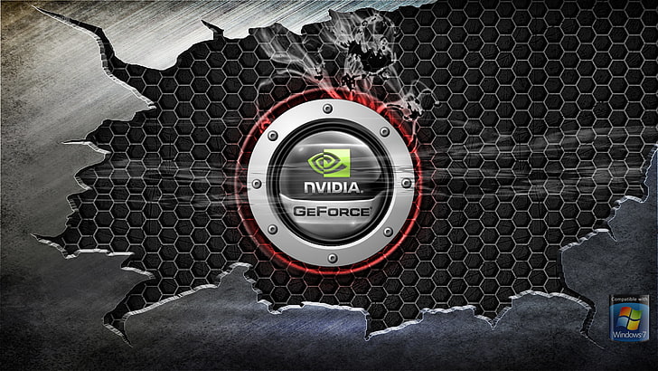 Nvidia GeForce logo wallpaper, windows, Nvidia, metal, Hi-Tech, steel, HD wallpaper
