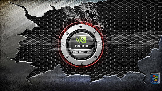 Nvidia GeForce logo wallpaper, windows, Nvidia, metal, Hi-Tech, steel, Fondo de pantalla HD HD wallpaper
