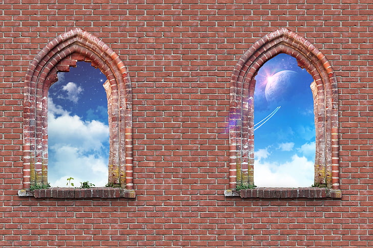 artwork, bricks, sky, Temple of Heaven, wall, window, HD wallpaper