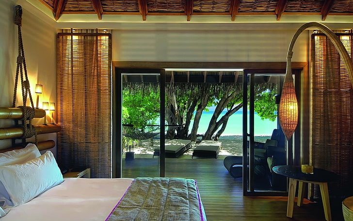 porta a vetri con telaio in acciaio nero, camera, alberi, letto, interni, resort, spiaggia, Bora Bora, Sfondo HD