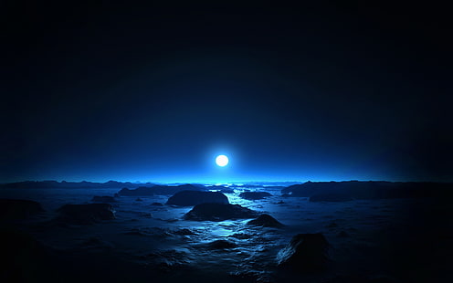 luna blanca, noche, agua, azul, luna, playa, luz de la luna, rock, senderos de estrellas, estrellas, fotografía, paisaje, sol, naturaleza, invierno, oscuro, cielo, Fondo de pantalla HD HD wallpaper
