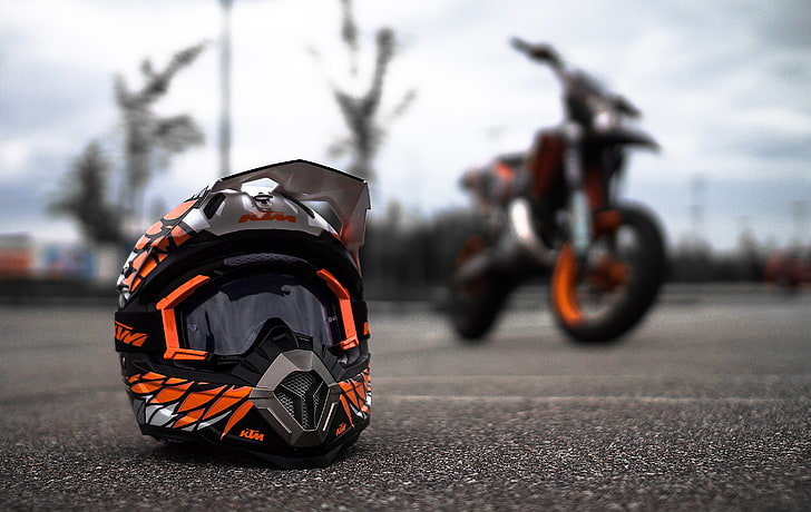 black and orange motocross helmet, KTM, helmet, motorcycle, Canon, supermoto, HD wallpaper
