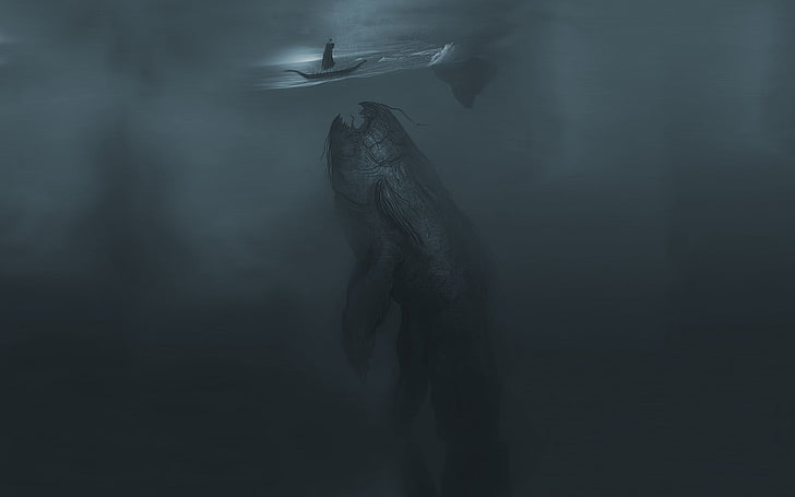 ilustración de la especie del mar negro, ilustración de la criatura del mar gris, agua, criatura, vikingos, barco, mar, arte de fantasía, bajo el agua, obra de arte, fantasía oscura, Fondo de pantalla HD