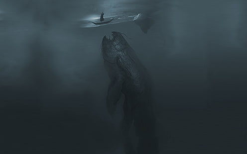 илюстрация на черно море, илюстрация на сиво морско същество, вода, същество, викинги, кораб, море, фентъзи изкуство, под вода, произведения на изкуството, тъмна фантазия, HD тапет HD wallpaper
