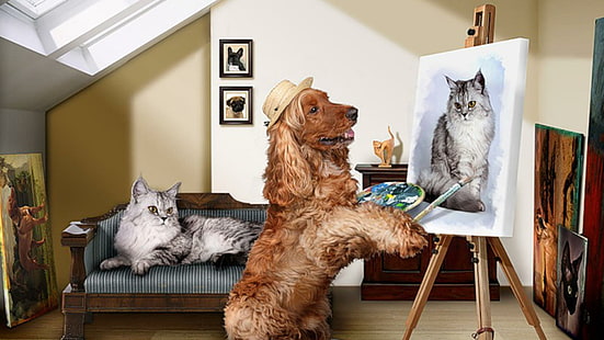 Cane pittura gatto, abbronzatura inglese cocker spaniel dipinto grigio gatto, gatti, animali domestici, cani, natura, divertente, pittura, animali, Sfondo HD HD wallpaper