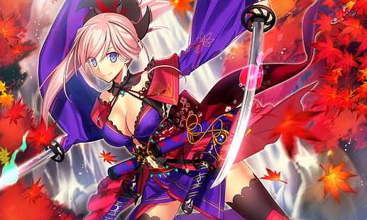 olhos azuis, espada, Miyamoto Musashi (ordem de estratégia), Miyamoto Musashi, cabelo rosa, ordem de FateGrand, HD papel de parede HD wallpaper