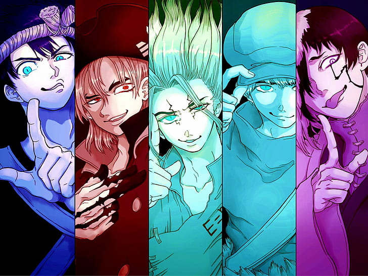 Anime, Dr. Stone, Chrome (Dr. Stone), Gen Asagiri, Nanami Ryusui, Senku Ishigami, Ukyo Saionji, Tapety HD